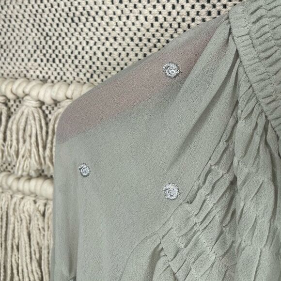 Free People Green Swiss Dot Chiffon Blouse - Picture 3 of 7